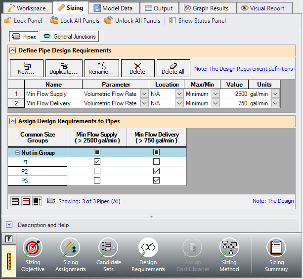 The Design Requirements panel with the minimum flow requirements defined.